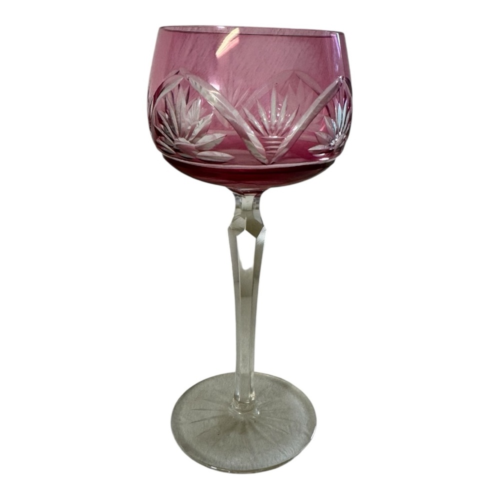 Vintage Cranberry Cut-to-Clear Crystal Wine Goblet: F.X. Nachtmann